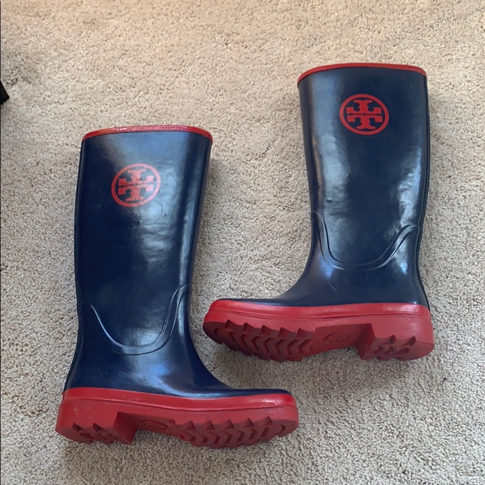 Red and Navy Tory Burch Rain Boots
